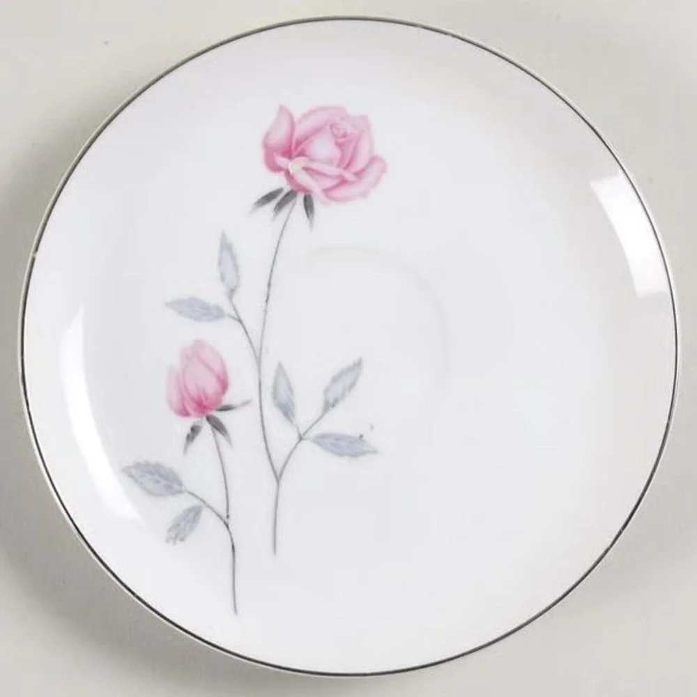 Belair by Nasco Japan‎ 6 Saucer Pink Rose Gray Leaves Silver Trim